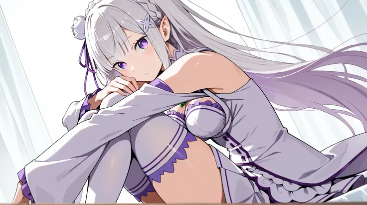 masterpiece, best quality, 8k, high resolution, amazing quality, 1girl, re zero Emilia, long white hair, purple eyes, short long-sleeved white and purple dress, above knee socks, ultra-detailed, intricate details