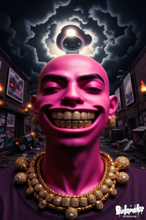 gr!llz, A photorealistic depiction of a Boondocks-style character channeling  Buu’s chaotic energy. The character is a young, rebellious figure with a lean, athletic frame, glowing pink skin, and an unapologetically confident stance. He grins mischievously...