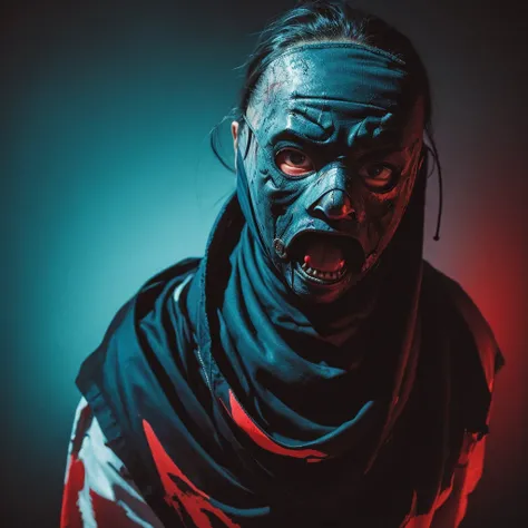 dirty,ninja,horror,zombie,mask ethnicity,red water blue black background,monochrome,old paint,sport,terrex,africa