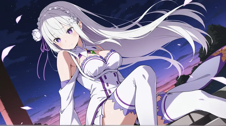 masterpiece, best quality, 8k, high resolution, amazing quality, 1girl, re zero Emilia, long white hair, purple eyes, short long-sleeved white and purple dress, above knee socks, ultra-detailed, intricate details