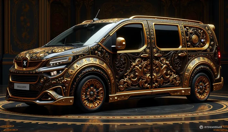 A striking, hyperrealist digital illustration of a luxurious Peugeot Traveller Long Business VIP, crafted from moondust and star metal, presented as a high-end fashion advertisement. The vehicle is a seamless fusion of Baroque and Arabesque styles, rendere...