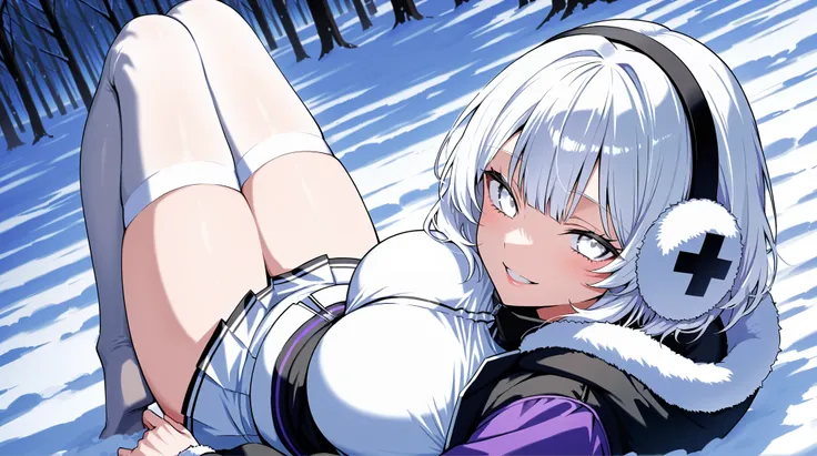 Best quality, a portrait of a solo woman, big breasts, white hair, soft earmuffs, snow-white eyes, full lips, seductive, smiling, puffy jacket, cute skirt, stockings, winter background,