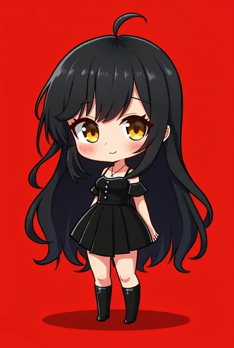  A small chibi image of a woman with black hair and golden eyes. Black clothes and red background . Cabello ondulado y largo y anime chibi. Vestido corto y no tan escotado. Not as flirty and golden-eyed as the sun.  Vestido elegante