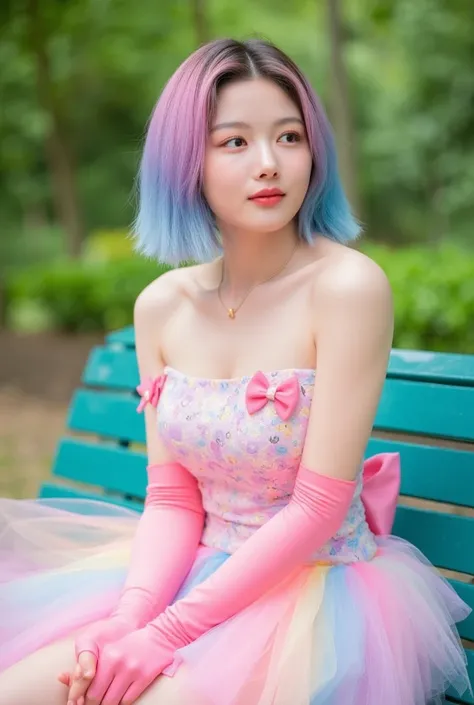 Young woman, likely 20s, with vibrant pastel-colored hair (pink and blue ombre).  Light-skinned ethnicity.  She's wearing a strapless, multi-colored top, patterned with abstract designs and adorned with matching pink bows.  A full, rainbow-toned tulle skir...