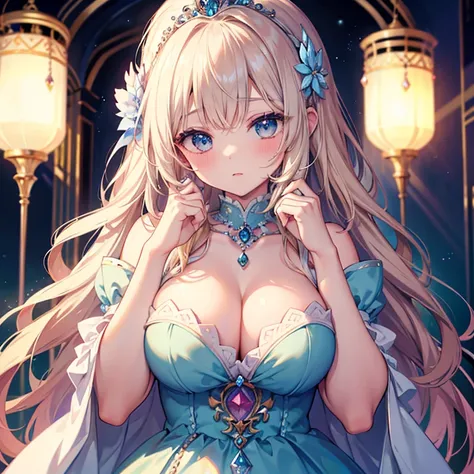 (( best quality))、((masterpiece))、( Details)、( super high resolution)、 cute girl、 pees on a very young 、solo、
(Shining blonde、 ridiculously long hair )、 Very Big Breasts、 deep cleavage 、
(((white and blue princess dress、royal style、 Gemstone Necklaces 、 pr...