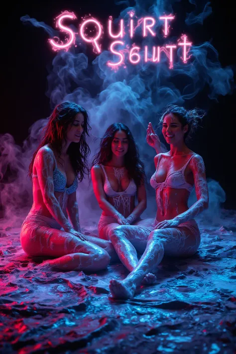 Full body shot, 3 Pretty Latina 16yo tweens wearing small neon high cut bikini with white slime splashed all over the girls,  sitting on a tarp,  black background , neon lights, neon colored smoke , print the words “Squirt Squirt” in a milky neon bold font...