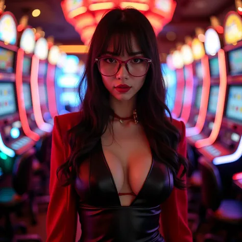 a beautiful korean chinese woman with sexy erotic body with big boobs in sexy teacher costume dyed black and red, and using glasses stands confidently in front of glittering casino machines.  Glamorous atmosphere with brightly colored lights and clinking c...