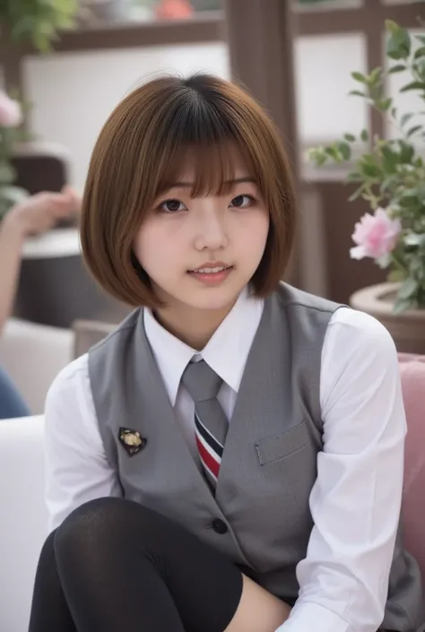 1girl, crowd, masterpiece, best quality, Cinematic photo, Japanese 18-year-old girl (short chestnut Hair, bangs reaching to her eyebrows, flat boobs), Complete Anatomy, Complete Hands, wearing SGWN25clothing, formal, gray school uniform she has beautiful l...