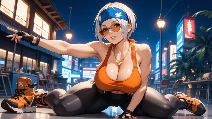    Sexy Angel from the King of Fighters , UHD,  big breasted, wearing a top of ll , very tight black leggings , Bandana,  sunglasses, gold necklace,  well-defined body ,  short hair,  white hair,  legs spread, in a ,quadrangle,  at night, pose sexy, sweati...