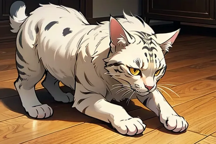  Image of a cat wallowing on the floor, yellow-eyed and gray-haired , sketch