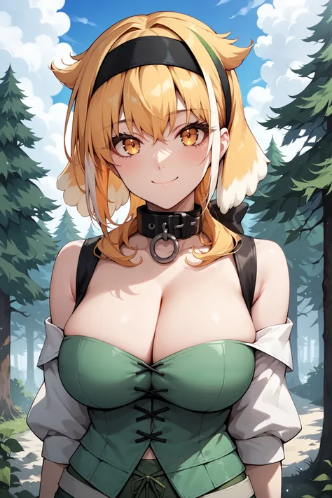 score_9, score_8_up, score_7_up, score_6_up, source_anime, 1girl, solo,  Roxanne, multicolored blonde hair, dog ears, black hairband, collar, off-shoulder shirt, cleavage, green vest, green pants, dog tail, looking at you, blue sky, trees, clouds, happy, u...