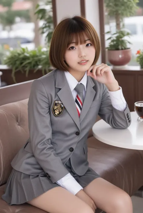 1girl, crowd, masterpiece, best quality, Cinematic photo, Japanese 18-year-old girl (short chestnut Hair, bangs reaching to her eyebrows, flat boobs), Complete Anatomy, Complete Hands, wearing SGWN25clothing, formal, gray school uniform she has beautiful l...