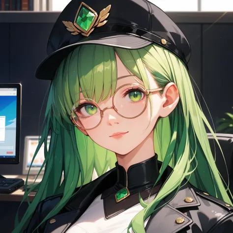 4k anime style, Smooth anime CG, 8k anime, Best quality, High resolution,Superdetail,Perfect light,profile youtube,close up,ager Anime, Long hair,emerald green hair, Emerald green eyes, Clear glasses,medium chest, Beautiful waist, She wearing black cap,bla...