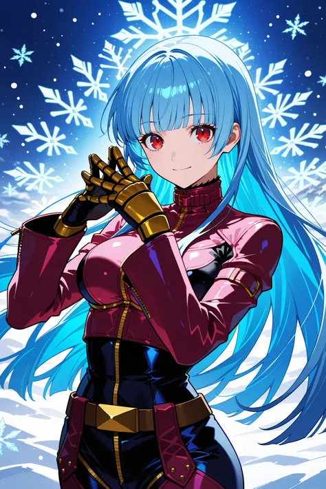 absurdres, ultra detailed, master piece, best quality, Kula Diamond \(king of fighters\), blue hair, hime cut, gloves, (1girl), (detailed face:0.8), (detailed eyes:0.8), snowflake, high resolution, 8k wallpaper,  Distinct, magical atmosphere, beautiful bac...