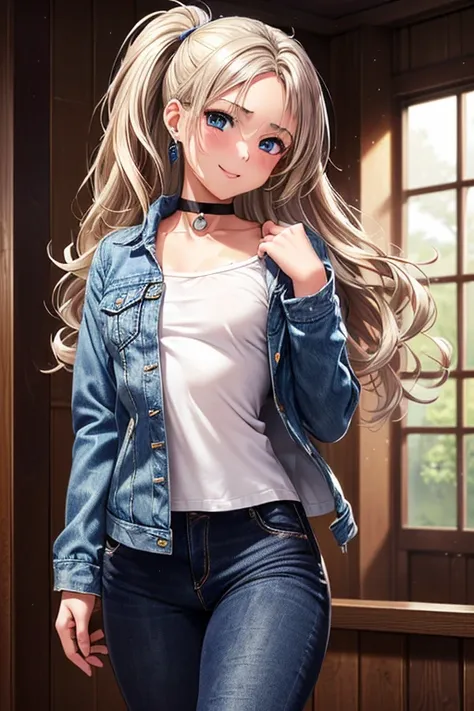  photo shoot, (( One Girl)), ((baby face:1.4)), ((cute:1.4)), ((Junior high school students:1.4)),  
break  

((blue denim jacket ::1.2)) + (( black shirt )), ((Blue distressed jeans)), (( black high heels)), 
(( Silver Star Earrings )), (( black choker)),...