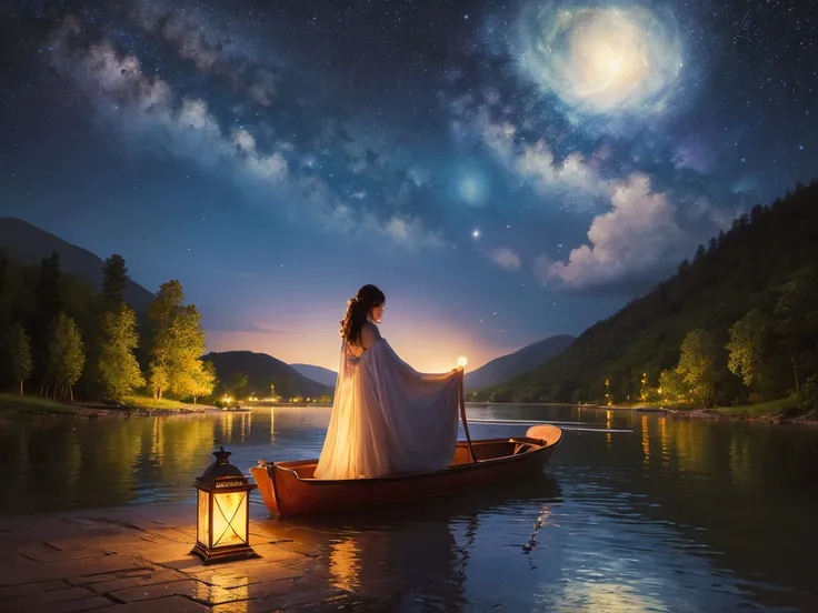  painting of a woman on a boat floating on a lake,  Thomas Kinkade,  Fantasy Art, A small lantern floating in the night sky、Light rises in the sky、 beautiful starry sky