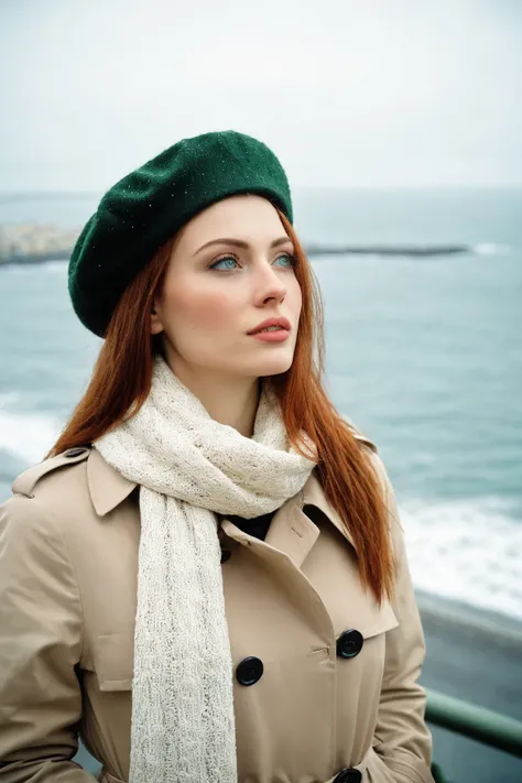  a realistic portrait of a beautiful woman with green eyes,  standing in a city overlooking the ocean ,  close-up ,  Look up to the sky ,   detailed beautiful meek face  ,   photography ,  made with a film camera  , , she has red hair , She wears a trench ...