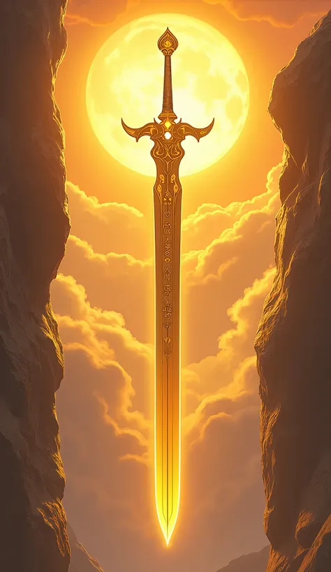 Create a highly detailed illustration of a long gold sword floating in mid-air, known as the Sun Sword. The sword should have a sleek, polished gold blade adorned with intricate runes engraved along its length, exuding a mystical and powerful presence. The...