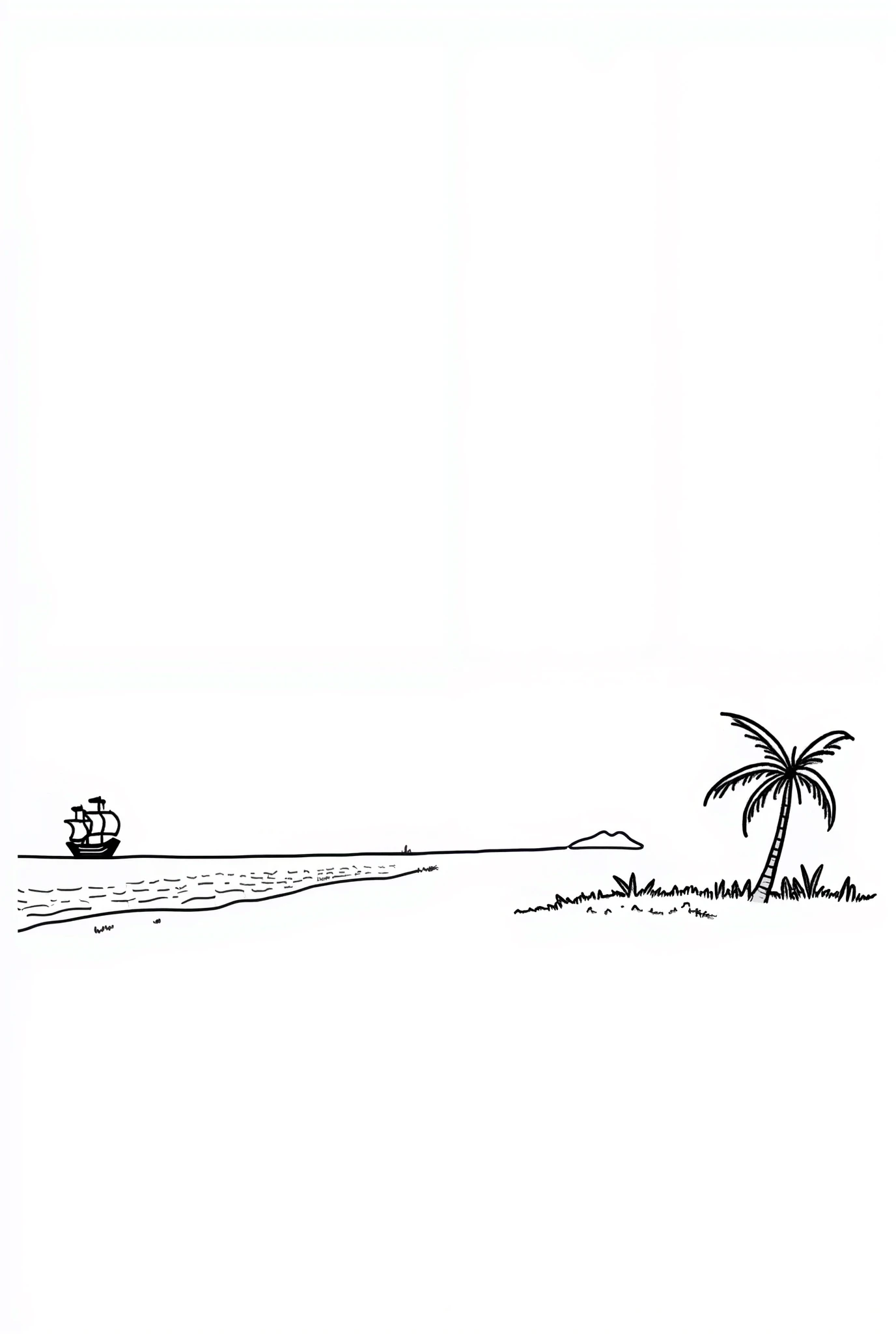 A minimalist black-and-white background for an editorial cartoon. On the left, a simple outline of waves and a faint silhouette of a Spanish galleon in the distance, symbolizing Magellan's arrival. On the right, a small patch of land with a coconut tree an...