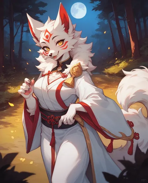 One single male anthropomorphic fox, yokai fox, strong lean figure, furry body, white fur, red face markings, yellow eyes, snout, smile, fangs, pointed ears, black tips on ears, claws, bushy tail, black tip on tail, white robe, in forest, nighttime, moon