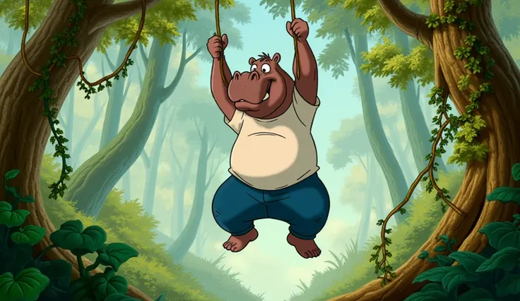  draw a man with the head of a hippopotamus dressed in white t-shirt and jeans hanging from a liana like Tarzan in a forest. Alabama forest background . Disney anni 50