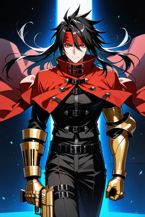  absurdres, ultra detailed, masterpiece, best quality,(1boy), male, Vincent Valentine FF7, red tattered cloak, black leather outfit,  golden gauntlet left arm, red headband, (detailed face:0.8), (detailed eyes:0.8), gun, high resolution, 8k wallpaper, high...