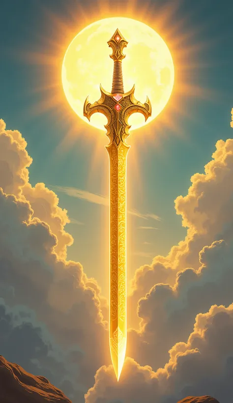 Create a highly detailed illustration of a long gold sword floating in mid-air, known as the Sun Sword. The sword should have a sleek, polished gold blade adorned with intricate runes engraved along its length, exuding a mystical and powerful presence. The...