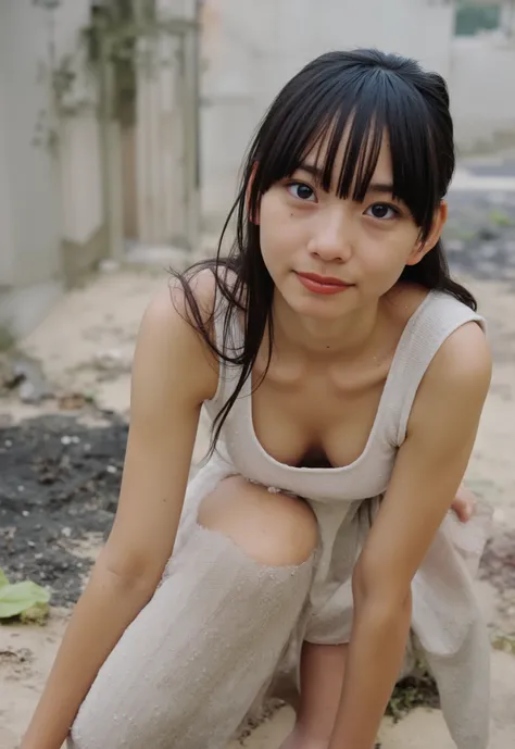 (masterpiece,   high quality,  Details), (( white tank top,  white panties,  slender,  sexy collarbone,  flat chest,  middle school student crouching head-on,  Clothes Are Wet , Position of putting on your knees and leaning forward))