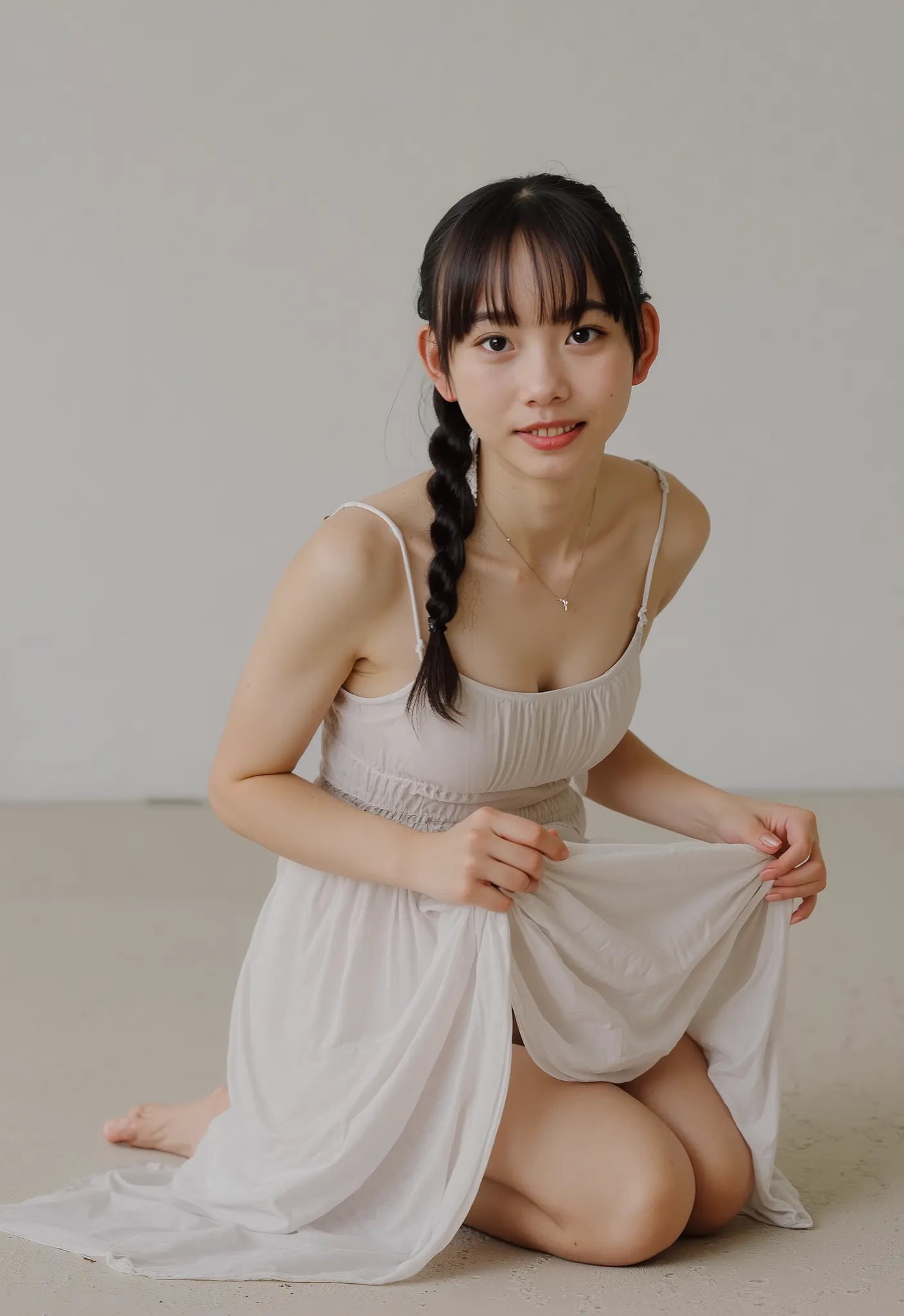 (4K, masterpiece,   high quality,  Details), ((white camisole without shoulder straps ,  white panties,  slender,  sexy collarbone,  flat chest, Body like a middle school student,  Clothes Are Wet , Position of putting on your knees and leaning forward)), ...