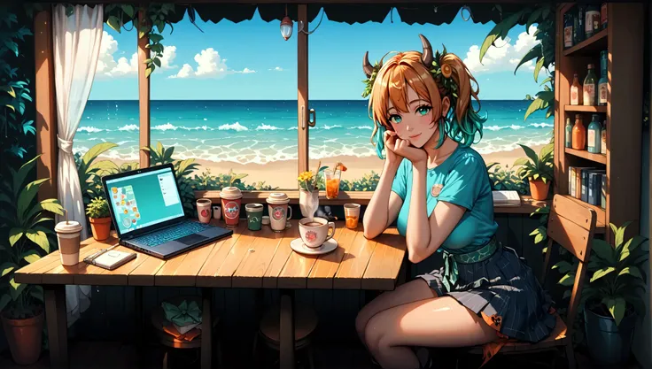 "A girl with a nice body and nice breasts sits at a small table on a quiet beach at night, her perfect face illuminated by her laptop's soft light. Her perfect eyes occasionally gaze at the moonlit waves in the background. A cup of coffee and a notebook ar...