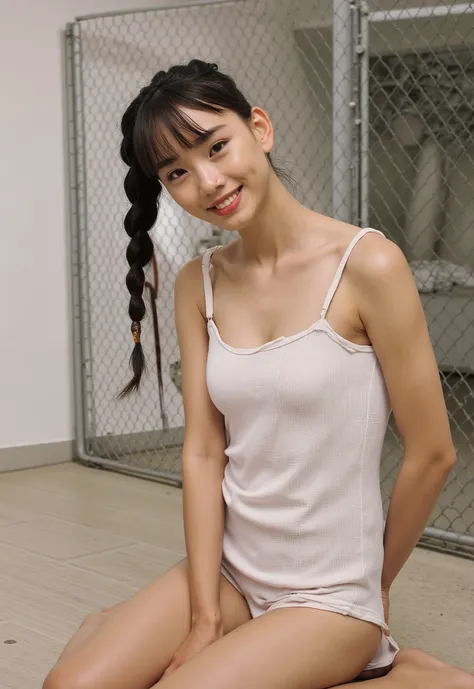 (4K, masterpiece,   high quality,  Details), ((I only wear a white camisole with no shoulder straps and white panties,  slender,  sexy collarbone,  flat chest,  is short,  Clothes Are Wet , Position of putting on your knees and leaning forward)), (( braid ...