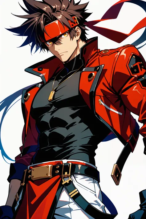  masterpiece, best quality, 8k, high resolution, 1boy, male, Sol Badguy, brown hair, gold eyes, black vest, red jacket, belt, headband,ultra-detailed, intricate details 