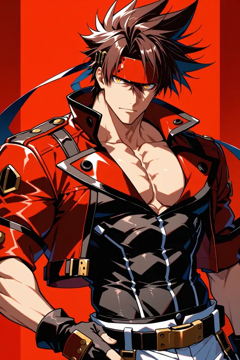  masterpiece, best quality, 8k, high resolution, 1boy, male, Sol Badguy, brown hair, gold eyes, black vest, red jacket, belt, headband,ultra-detailed, intricate details 