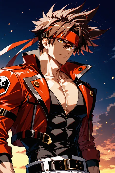  masterpiece, best quality, 8k, high resolution, 1boy, male, Sol Badguy, brown hair, gold eyes, black vest, red jacket, belt, headband,ultra-detailed, intricate details 