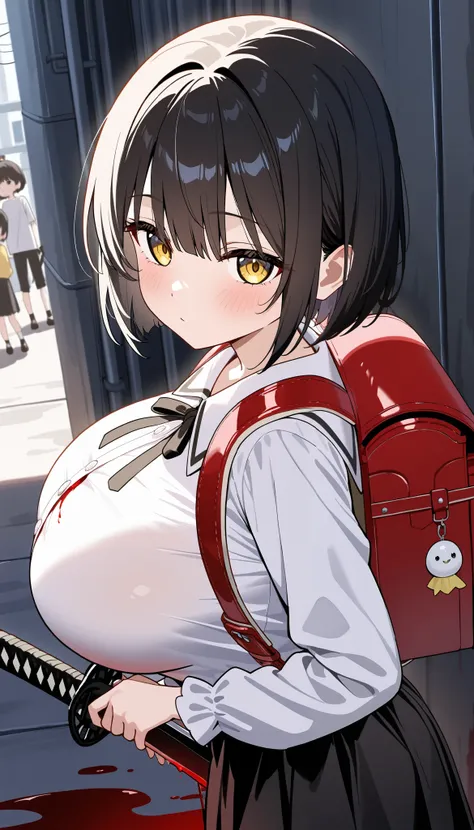 (( best quality)), ((Masterpiece)), ( Details),  1 girl in the best,  black short hair skirt,  bob cut, Staring at Viewers, huge breasts, slender, ( blouse),  blouseのインナーにうっすら見えるブルーブラジャー,( lower grade elementary school students:1.3), randoseru,  beautiful ...