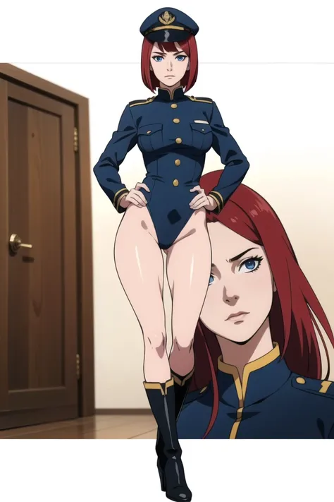 Kushina, long hair, red hair, blue eyes, mature female, large breasts, Woman in military-style cosplay uniform, (ethnicity:1.1), (age:1.1), (detailed clothing:1.2), (accessories:1.1), (facial features:1.1), (expression:1.1), (body type:1.1), (pose:1.2), na...