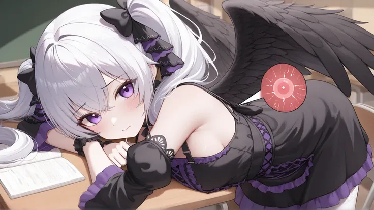 Create a character description for a girl with long silver hair styled in twin tails. She has striking purple eyes that capture attention. Her outfit is inspired by Gothic Lolita fashion, featuring intricate lace and dark colors. Additionally, she has a pa...