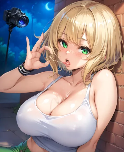  score_9,  score_8_ up,  score_7_ up,  score_6_ up,  source_Anime,  1 girl in the best, Alone,   blonde hair,  split bangs,  short hair,  white tank top,  sleeveless,  wristband , Chest,  big breasts,  green eyes,  has a camera, The chestnut mouth,  Outdoo...