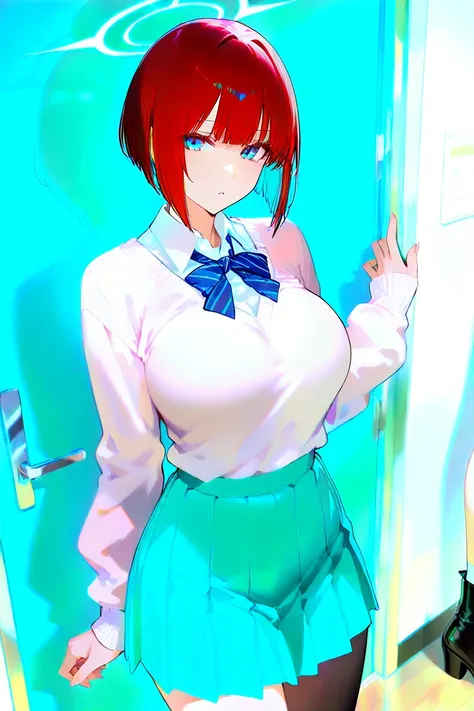 An anime-style character, ((short red bob haircut)), (teal and light green halo highlights). The character wears a school uniform consisting of an oversized cream-colored sweater with maroon and teal accents,(cream-colored sweater), a teal collared shirt, ...