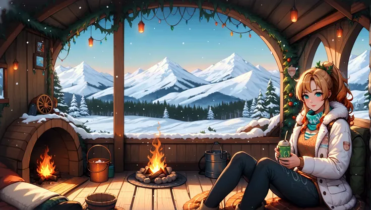 "A tranquil winter camping scene atop a snowy mountain, evoking a serene and adventurous mood. A young woman with blonde-red hair tied in a sleek ponytail is sitting near a modern campfire with a warm, flickering glow, surrounded by advanced yet nature-ins...