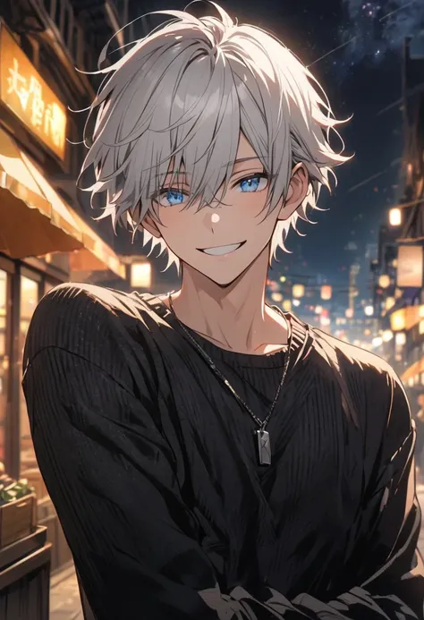 Alone，male, Silver Hair, Unkempt Hair,Short Hair, handsome, Long Sleeve,smile, black knit,blue eyes, night view