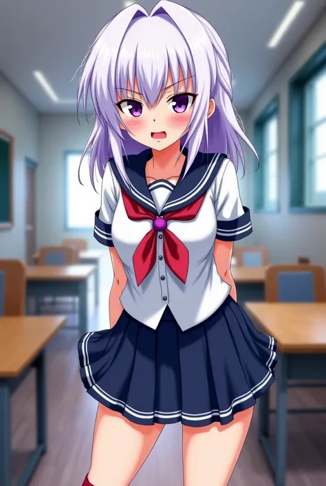 anime School girl tsundere, looking angry, white hair with purple highlights, school uniform.