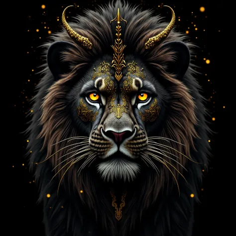 Close-up portrait of a majestic black lion, detailed in intricate gold ornamentation. Lion's fur is deep black, rendered with meticulous texture. Golden, intricate, stylized symbols and patterns adorn its face, particularly around the eyes, cheeks, forehea...