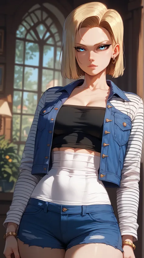 Android 18 style,  perfect eyes,  perfectly sexy face, ultra detailed,  ultra perfect eyes ,  big beautiful woman , standing, dark blue shorts, Body,  looking at the spectator ,