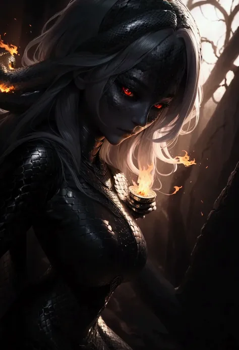 (masterpiece, best quality:1.2),a beautiful gentle snake woman,long white hair,sharp eyes,black eyes,silver metallic snake scale armor),dark horror,mythic, Flame,dynamic scene,dynamic light,shading and contrast, safe for work