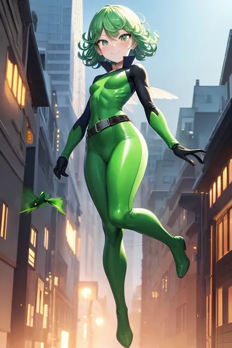 Masterpiece, best quality, ultra detailed, illustration, lighting epic, cinematic composition, 1 girl, Tatsumaki, short hair, green hair, very small breasts, green eyes, bright eyes, smiling, blushing, closed mouth, piercing gaze, full body, black collar, ...