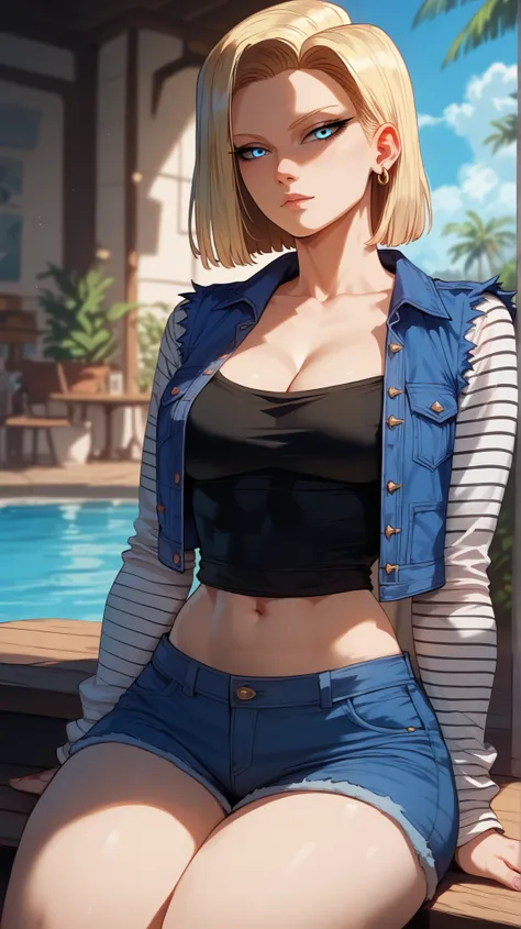 Android 18 style,  perfect eyes,  perfectly sexy face, ultra detailed,  ultra perfect eyes ,  big beautiful woman , sitting, dark blue shorts, Body,  looking at the spectator ,