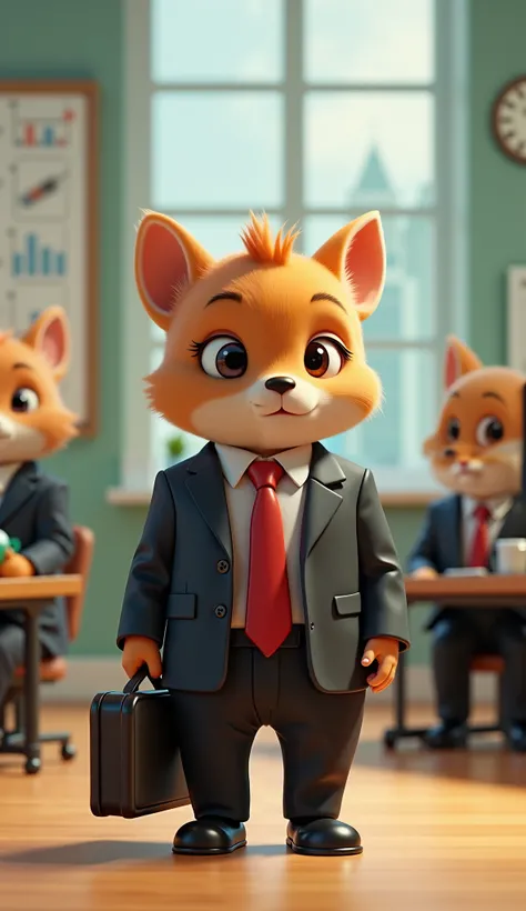 Create a cool and tiny humanoid baby animal dressed in a sleek, miniature black suit with a red tie, inspired by the movie *Baby Boss*. The baby animal should have a confident and determined expression, holding a tiny briefcase in one hand and a sippy cup ...