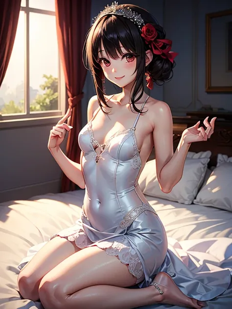 Kurumi, wedding dress, showing chest,  small breasts, big bed,  shy smile,  body masterpiece,  High resolution , 