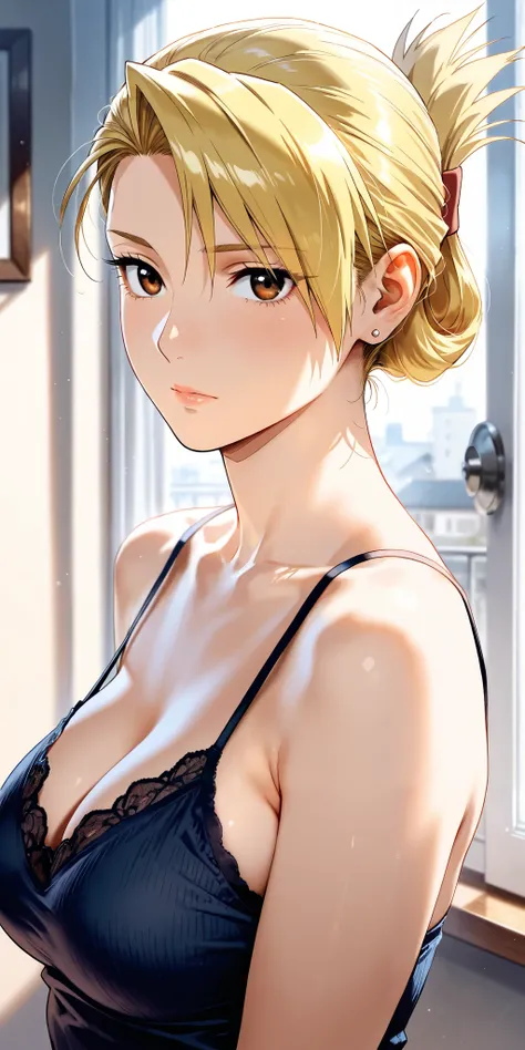 Masterpiece, mature woman, riza hawkeye, slim, upper body,camisole, ultra detailed, highres, absurdres, home, portrait, semi realistic